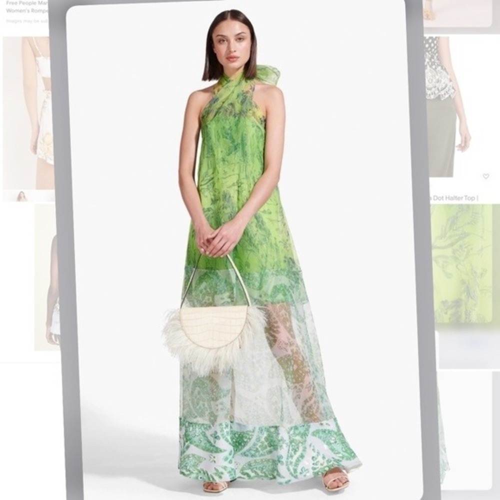 Staud Neem Printed Georgette Maxi Dress Green Halter Neck Flowy Brand New